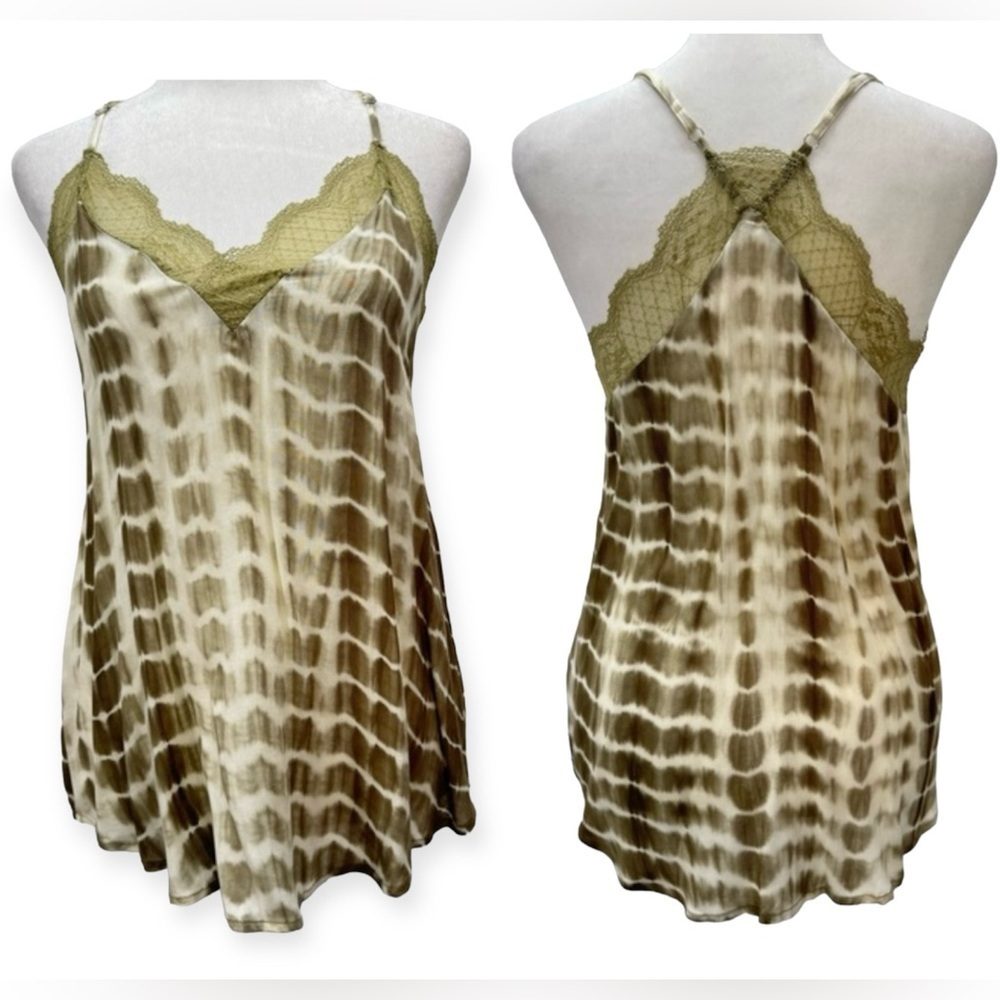 Hem & Thread Olive Green & White Tie Dye Lace Trimmed Racerback Cami NEW